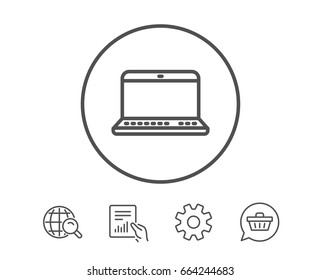 Laptop computer icon. Notebook sign. Portable personal computer symbol. Hold Report, Service and Global search line signs. Shopping cart icon. Editable stroke. Vector