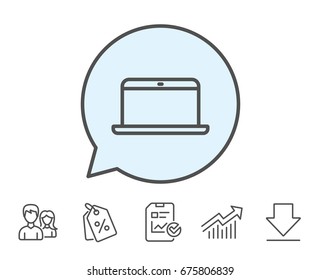 Laptop computer icon. Notebook sign. Portable personal computer symbol. Report, Sale Coupons and Chart line signs. Download, Group icons. Editable stroke. Vector