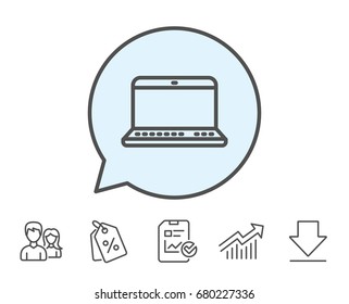 Laptop computer icon. Notebook sign. Portable personal computer symbol. Report, Sale Coupons and Chart line signs. Download, Group icons. Editable stroke. Vector