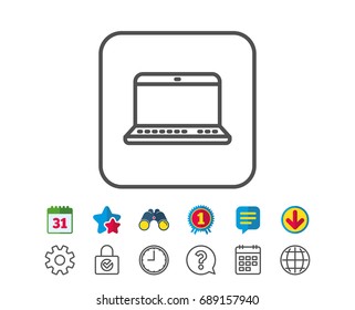 Laptop computer icon. Notebook sign. Portable personal computer symbol. Calendar, Globe and Chat line signs. Binoculars, Award and Download icons. Editable stroke. Vector