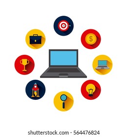 laptop computer icon over yellow circle and blue background. vector illustration