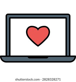 Laptop computer icon with a red heart on the screen representing online dating and romance
