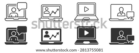 laptop computer icon set with video play, user, chat, and graph symbols on transparent background