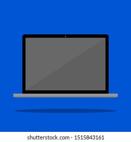 laptop computer icon vector with blank glossy dark screen display on blue background 