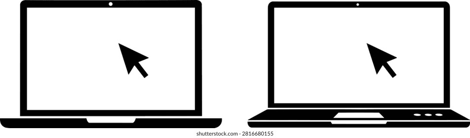 Laptop computer icons with arrow cursor, front and angled views, black line design, technology device graphic, user interface, digital screen