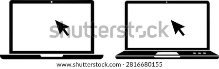 Laptop computer icons with arrow cursor, front and angled views, black line design, technology device graphic, user interface, digital screen