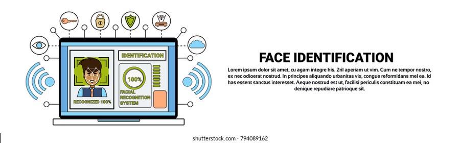 Sistema de identificación de ordenador portátil Identificación biométrica Hombre de negocios Enfrentamiento de exploración facial Concepto de reconocimiento facial Banner horizontal con copia de la ilustración de vectores de espacio