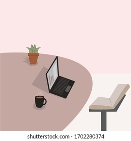 laptop computer , indoor plant, coffee mug, work from home vector on the table. the chair and home interior illustration.