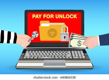 Ordenador portátil infectado ransomware virus paga por desbloquear datos