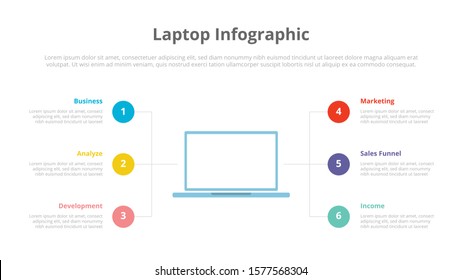laptop or computer infographic with 6 six points of description for slide template presentation - vector