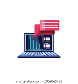 laptop computer with infographic and speech bubble
