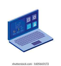 laptop computer with infographics and app menu vector illustration design