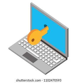 laptop computer with key isometric icon