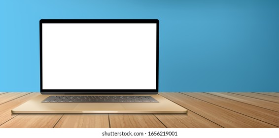 Laptop computer with keyboard and white screen on wooden table front view. Vector realistic mockup of modern notebook, portable desktop pc with blank monitor display on blue background