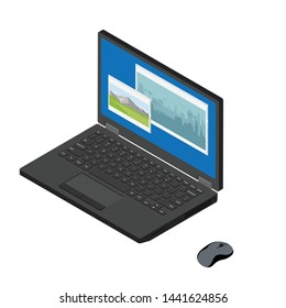 Laptop computer with landscape photo on desktop and computer mouse isometric view isolated on white background. High quality photo