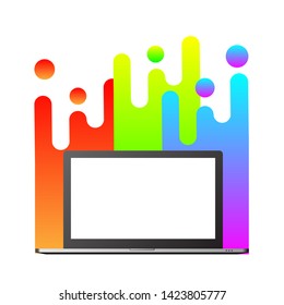 The laptop computer with large web page scale frame on the modern minimal liquid paint drop pattern background. ( vector )