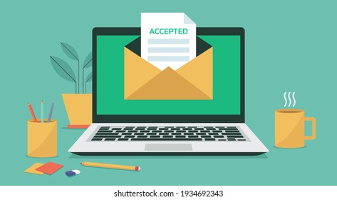 laptop computer with letter and paper document on screen, flat vector illustration	