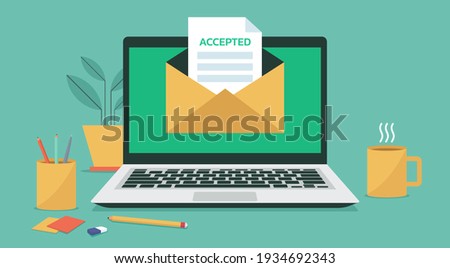 laptop computer with letter and paper document on screen, flat vector illustration	