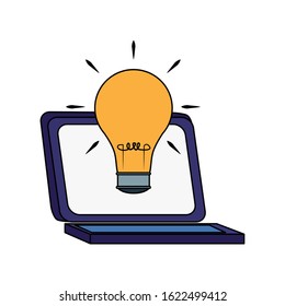 laptop computer with light bulb icon over white background, vector illustration