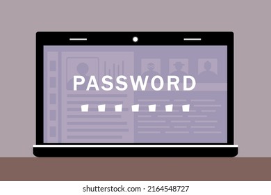 laptop computer with lock and password security access or verification code notification, flat vector illustration