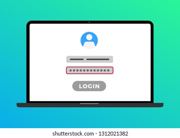 Laptop computer with login page on screen and wrong password error. Modern flat style design registration login page with failure red form. Password reset vector illustration with gradient background.