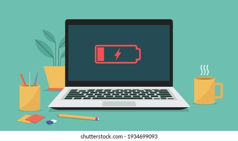 Laptop computer with low battery icon on screen, flat vector illustration