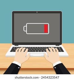 Computadora portátil con el icono de la batería baja en la pantalla, ilustración plana del diseño del Vector