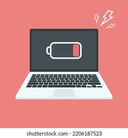 Laptop Computer With Low Battery Sign On Screen, Vector Flat Illustration