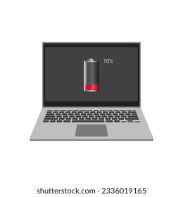 Laptop computer with low battery sign on screen, flat vector illustration eps 10.