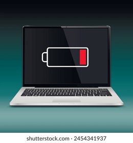 Laptop computer with low battery sign on screen