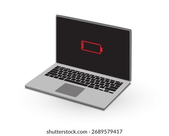 Laptop computer with low battery sign on screen, 3D vector illustration.