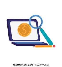 laptop computer with magnifying glass over white background, colorful design, vector illustration