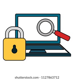 laptop computer with magnifying glass and padlock