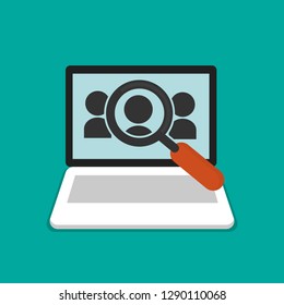 Laptop, computer and magnifying glass searching a person. Human resource symbol flat cartoon design