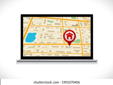 laptop computer with map and pin icon