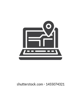 Laptop computer with map pin location vector icon. filled flat sign for mobile concept and web design. Web navigation glyph icon. Symbol, logo illustration. Vector graphics