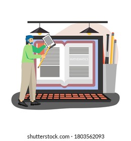 Laptop computer with math book on screen, man with tablet studying mathematics at home, flat vector illustration. Online math courses, distance learning, remote education, e-learning.
