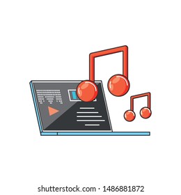 laptop computer with media player and music notes