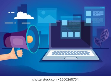 laptop computer with megaphone and cityscape vector illustration design