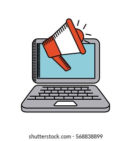 laptop computer with megaphone icon over white background. colorful design. vector illustration