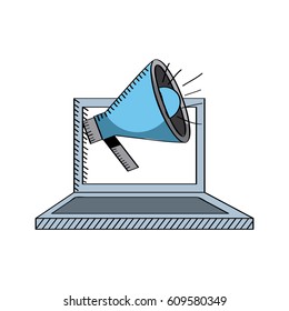laptop computer with megaphone icon over white background. colorful design. vector illustration