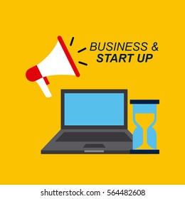 laptop computer, megaphone and sandclock icons over yellow background. business and start up concept. colorful design. vector illustration