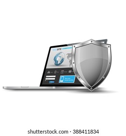Laptop computer with metallic shield, Internet security concept.
