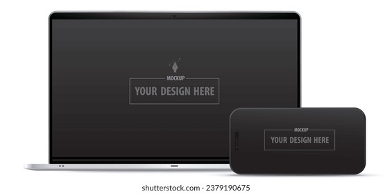 Laptop computer and mobile phone with black 16:9 aspect ratio screens. Blank digital devices vector mockup designs isolated on white background.