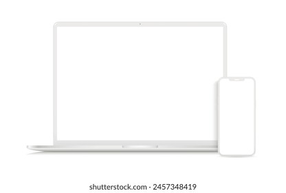 Laptop computer and mobile phone clay mockups isolated on white background