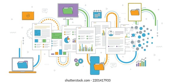 Laptop, computer and mobile phone deleting files and documents. Flat vector illustration.