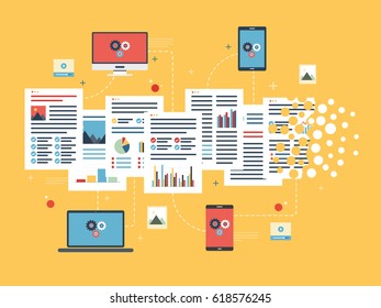 Laptop, computer and mobile phone deleting arquivos e documentos. Flat vector illustration.