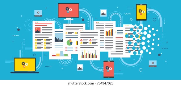 Laptop, computer and mobile phone deleting files and documents. Flat vector illustration.