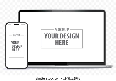 Laptop Computer and Mobile Phone Mockup. Digital devices screen template vector illustration with transparent background. - Shutterstock ID 1948162996