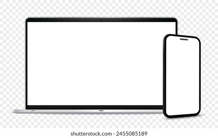 Laptop Computer and Mobile Phone Mockup. Digital devices screen template vector illustration with transparent background.